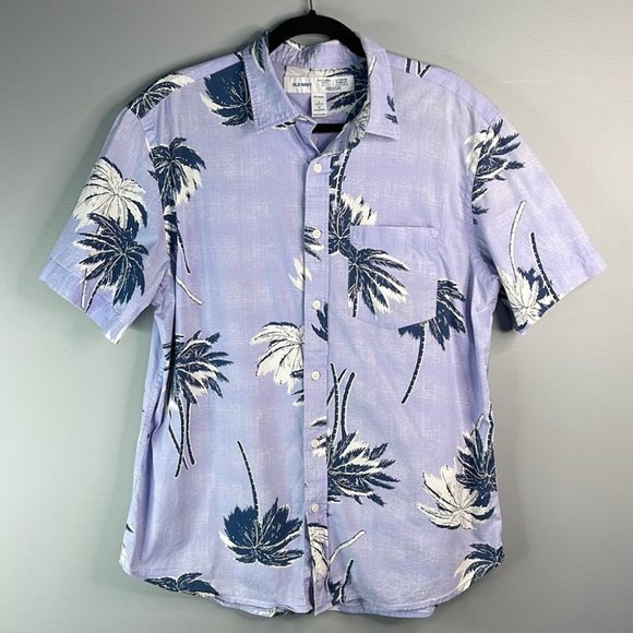 Old Navy Palm Tree Print Hawaiian Shirt Periwinkle Blue Slim Fit Short Sleeve L - Picture 9 of 9